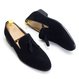 Luxury Men's Tassel Loafers Black Cow Suede Leather Handmade Slip-on Wedding Dress Shoes Male Fashion Causal Party Footwear