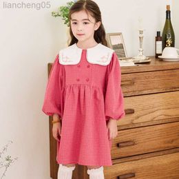 Girl's Dresses BEBEZOO Girls Autumn Dress Puff Sleeve Peter Pan Collar Plaid Cute Dresses For 3-8 Years Kids Girl Clothes W0314