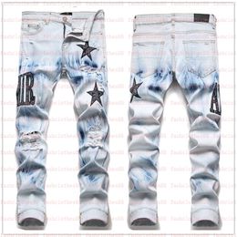 2023 Hot Mens Jeans Designer European Jean Hombre Letter Star Men Embroidery Patchwork Ripped for Trend Brand Motorcycle Pant Skinny 30X5