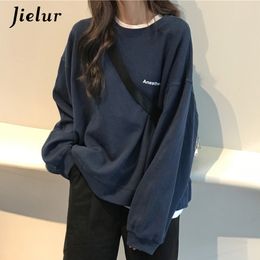Womens Hoodies Sweatshirts Jielur Kpop Letter Hoody Fashion Korean Thin Chic Cool Navy Blue Gray for Women MXXL 230314