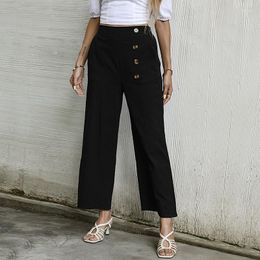 Women's Pants Simple Black Slim Women Autumn Long Classic Button Pockets Ladies Wide Leg Ankle-Length 2023