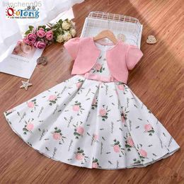 Girl's Dresses Outong 2pcs Dress For Girls Little Coat Bow Floral Print 5 6 7 9 Years vestido infantil menina Children Dress Girls Clothes Set W0314
