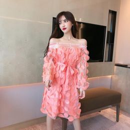 Casual Dresses Autumn Women Slash Neck Lantern Sleeve 3D Petals Flower Mesh Gauze Bow Dress Lady Bandage Strap Sashes Ruffles Chic DressCasu