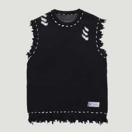 Men s Vests Distressed Knitted Sweater Vest Streetwear Vintage Harajuku Hole Fringed Sleeveless Oversized Casual Pullover Unisex 230313