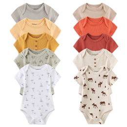 Rompers Born Bodysuits Unisex 5Pieces Baby Girl Clothes Solid Colour Cotton Baby Boy Clothes Set Cartoon Print Summer Bebes 230313