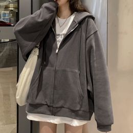 Womens Hoodies Sweatshirts Harajuku Korean Version Autumn Solid Colour Zip Up Oversized Fashion Long Sleeve Pocket Hooded Coats Jacket 230314