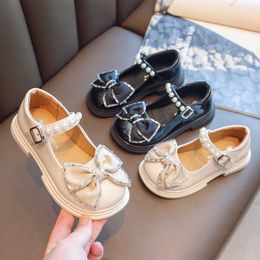 Flat shoes Girls Leather with Bow-knot Pearls Beading Princess Sweet Cute Soft Comfortable Children Flats Kids Shoes P230314