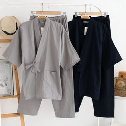 Men's Robes Japanese Style Kimono Cardigan Pants 2pcs Set Men's Nightwear Bathrobe Cotton Comfortable Home Suit Robe Sleepwear Daily Casual 230313