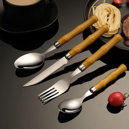 Dinnerware Sets 1Pc Vintage Natural Bamboo Handle Stainless Steel Steak Knife Fork SpoonLuxury Cutlery Kitchen Supplies Sell