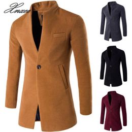 Men's Wool & Blends Men Winter Long Coat Slim Cardigan Windbreaker One Button Collar Casual Woollen Overcoat