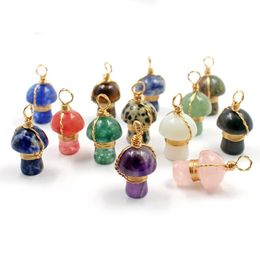 Gold Copper Wire Wrap Mushroom Charms Natural Stone Quartz Crystal Amethysts Tiger Eye Pendant for Necklaces Earrings Jewellery Making