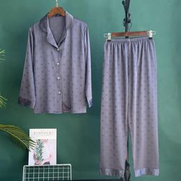 Women's Sleepwear Jacquard Love Pajamas Suit Women Satin Pyjamas Pour Femme Faux Silk Sleepwear Nightwear Home Clothes Two Pieces Shirt Pants Set 230314
