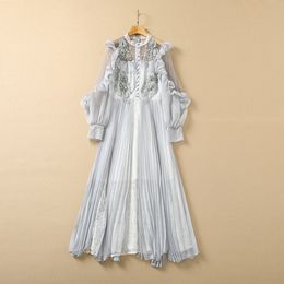 Summer Off Shoulder Mid-Calf Dress Round Neck Grey Tulle Embroidery Beaded Ruffle Applique Sequins Single-Breasted Casual Dresses 22Q151638 Plus Size XXL