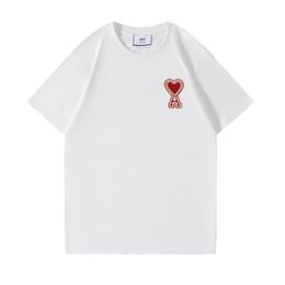 Fashion Men's T Shirts Embroidered Red Heart Solid Colour Round Neck Short Sleeve T-shirt for Men and Women