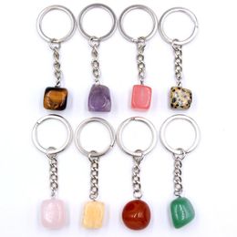 Mix Irregular Cubic Natural Crytal Stone Keychains Key Rings Silver Color Healing Crystal Car Decor keyrings Keyholder for Women Men