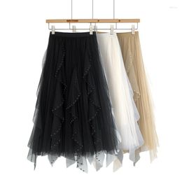 Skirts 2023 Spring Elastic High Waist Thin Sweet Beaded Mesh Skirt Casual Simple Solid Colour Women A-line Long