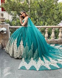 Princess Hunter Green Tulle Quinceanera Dresses For Girls 2023 With Cape Off The Shoulder Ball Beaded Birthday Party Gowns Appliques Prom Dresses