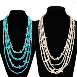 Chains Multilayer Turquoises Long Beaded Chain Necklace For Women Classal Cross Pendant Natural Stone Choker Birthday Gifts