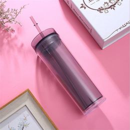 16oz Acrylic Skinny Tumbler Straight Cup With Lid And Straw Plastic Water Cup Travel Mug Double Wall Coffee Mug Beer Tumbler A03