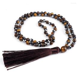 Pendant Necklaces 108 Mala Beads Necklace 6mm Natural Stone Tiger Eyes Onyx Irregular Hematite Rosary Jewellery Tassel Long For Women Men