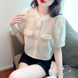 Women's Blouses Fashion Chiffon Plaid Women Blouse Office Lady Elegant Short Sleeve Shirt Summer Female Clothing Loose Tops 24581