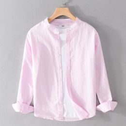 Men's Casual Shirts Cotton Linen Casual Shirts for Men Long Sleeve Stand Collar Button Up Shirt Summer Tops Male Pink Regular Clothing 230314