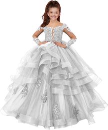 Lace Luxurious Beaded Flower Girl Dresses Ball Gown Tulle Long Sleeves Tutu Lilttle Kids Birthday Pageant Weddding Gowns ZJ S