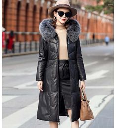 Women's Leather 2023 Real Sheepskin Down Jacket Winter Genuine Women Hooded Fur Long Coat Warm MFF9930 J3692