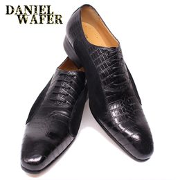 Luxury Oxford Man Dress Shoe Lace Up Pointed Toe Black Fashion Office Wedding Shoes Suede Patchwork Genuine Leather Men Shoes