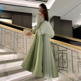 Mint Green Crystal Luxury Dubai Evening Dresses Off the Shoulder Long Sleeve Bow Back Gala Muslim Prom Formal Gowns Robe de Soiree 2024 Vestidos Feast