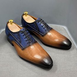 Luxury Genuine Cow Leather Oxford formal shoes for men for Men - Brown/Blue Mixed Color Lace-Up Dress formal shoes for men - Perfect for Formal Events and Weddings