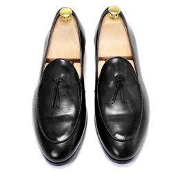 Male Tassel Loafers Genuine Cow Leather Men's Dress Shoes Fashion Handmade Slip on Wedding Party Office Causal Shoes for Men