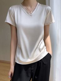 Women's T-Shirt Summer Women's T-shirt Korean Fashion Satin V-neck Tees Short-sleeved Casual LOOSE Solid Champagne White Silk T-shirts Women 230314