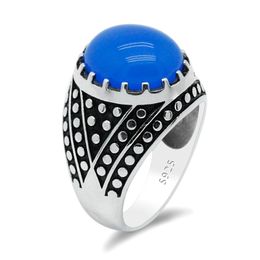 Cluster Rings Real Pure 925 Sterling Silver Male Ring Prong Setting Oval Blue Agate Stone Men Vintage Geometric Polka Turkish Jewellery