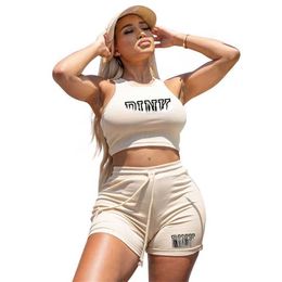 2023 Summer Women Clothing Tracksuits Two Piece Outfits Round Neck Tank Top Shorts Sports Suit High Elastic Pit Fabric