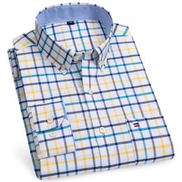 Men's Casual Shirts Men's 100% Cotton Long Sleeve Plaid Checkered Shirts Single Patch Pocket Standard-fit Button-down Striped Casual Oxford Shirt 230314
