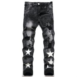 Men's Jeans Stars Jeans Men Embroidery Ripped Trend Motorcycle Pants Streetwear Black Denim Slim Fit Casual Holes Destroyed Hip Hop Trousers 230313