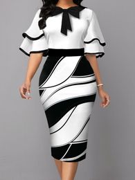 Party Dresses Bodycon Print Dresses for Women Black and White Ruffle Sleeve Midi Robes Bowtie Package Hip Elegant slim fit Autumn Vestido 230314