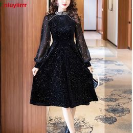 Party Dresses Women Year Winter Spring Basic Wear Sexy Sheer Mesh French Black Long Elegant Party Beaded Bling Velvet Dress 5869 230314