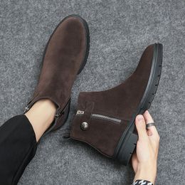 New Arrivals Coffee Men Ankle Boots Flock Zipper Round Toe Solid Business Men Short Boots Free Shipping Size 38-46