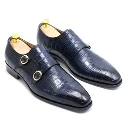 Mens Real Leather Monk Strap Business Formal Shoes Handmade Double Buckle Alligator Pattern Wedding Office Dress Shoes for Men