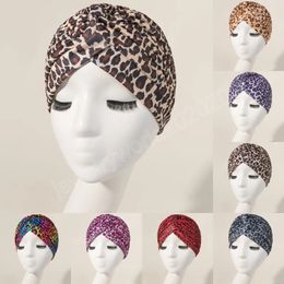 Ladies Colorful Leopard Print Pleated Turban Cap Fashion African Muslim Womens Party Beanies Hat Headgear