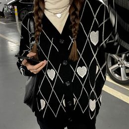 Women's Knits Tees Fall Oversized Cardigan Women Fashion V Neck Black Sweater Heart Jacquard Loose Single Breasted Winter Clothes Office Lady 230313