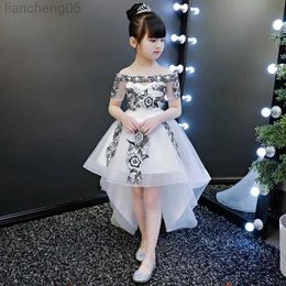 Girl's Dresses KIds Princess Dress Puffy Yarn Children's Host Evening White Flower Comes For Girls 2023 Wedding Piano Performance Spring W0314