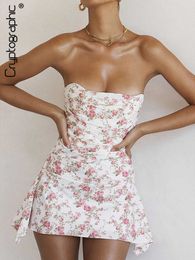 Party Dresses Cryptographic Elegant Sexy Strapless Draped Corset Dress Outfits for Women Party Club Floral Print Backless Mini Dresses Clothes L230313
