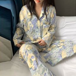 Women's Sleepwear Women Pyjama Sets Spring Autumn Long Sleeve Floral Vintage Fashion Nightwear Loose Elegant Pyjamas Female Leisure 2-piece M-3XL 230314