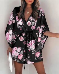 Casual Dresses Boho for Women Summer Loose Print VNeck Batwing Sleeve LaceUp Irregular Mini Dress Vestido 230313