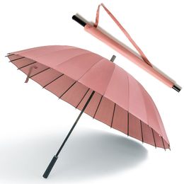 Umbrellas 24K Umbrella Female Male Car Windproof Leather Handle Straight Sunny and Rainy Umbrella for Men Women with Bag 230314
