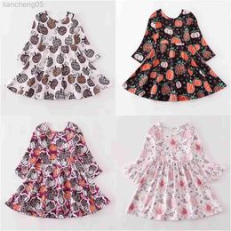 Abiti da ragazza Girlymax Autunno Halloween Neonate Bambini Abbigliamento per bambini Latte Seta Floreale Fattoria Zucca Stampa Abito a spirale Lunghezza al ginocchio Manica lunga W0314