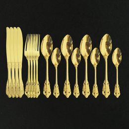 Dinnerware Sets Luxury Vintage Western Gold Plated Cutlery 16Pcs Stainless Steel Dining Knife Fork Teaspoon Engraving Tableware Set